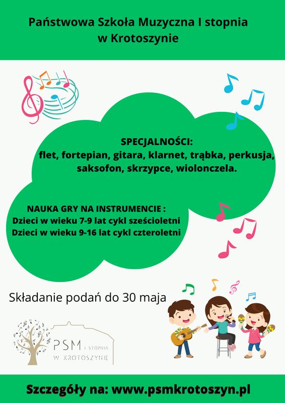 Na białym tle zielone chmury i treść plakatu. 